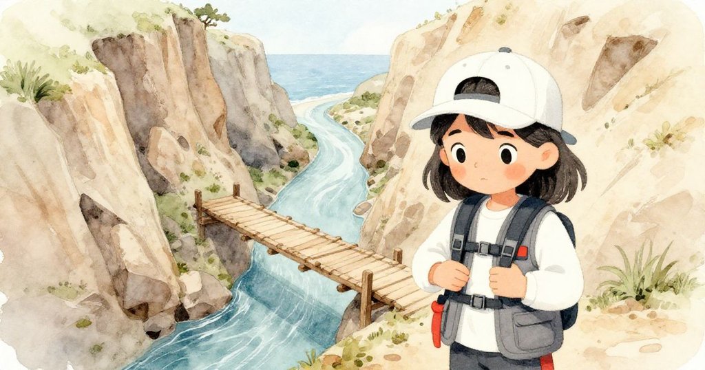 利奧拉站在低潮木橋上，背包依靠欄杆，從高處俯瞰峽谷與海洋交接景致，洋溢著清晨期待。