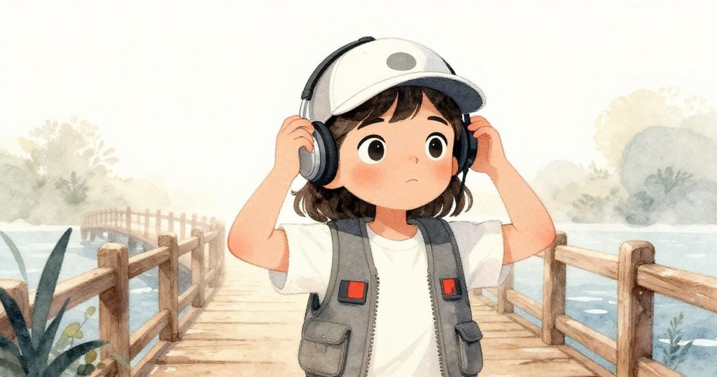 從低角度仰視利奧拉調整耳機，迎著晨光微風，她臉上展現堅定期待，充滿動感。