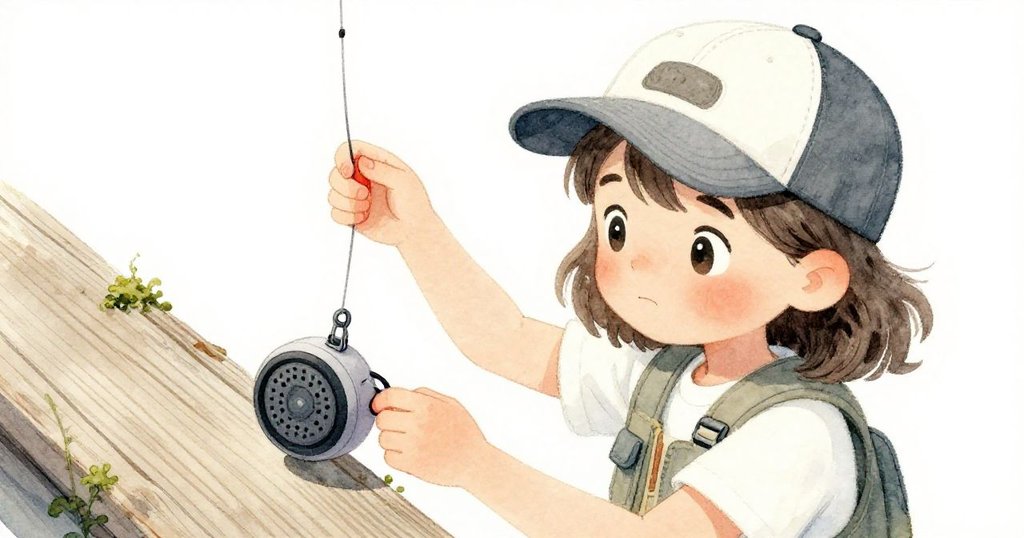 利奧拉蹲下小心拆解被釣線纏住的防水揚聲器，專注手法揭示木板與藻痕的細膩秘密。