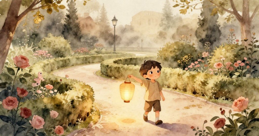 Elias在柔和傍晚霧氣中提著紙燈籠穿越修剪整齊的花園小徑，背景中有池塘和簡約建築，神情充滿期待與溫暖。
