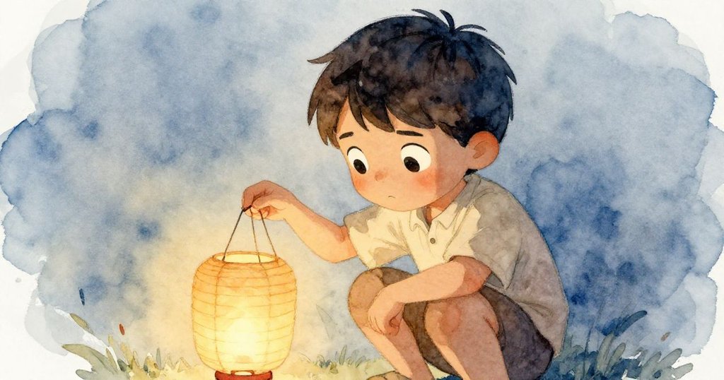 Elias專注凝視火焰，手中點燃紙燈籠，面部表情堅定，背景中溫柔的花園細節隱約可見。