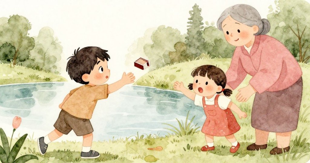 Elias小心伸手撿取漂浮的火柴盒，一旁孩童驚呼，年長婦人伸出援手，河畔波光粼粼，情景活潑。