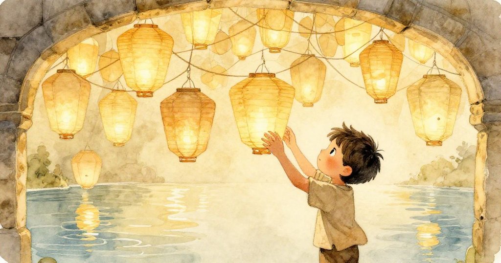 Elias在石亭下調整燈籠，燈籠懸掛成奇妙幾何圖案，水面映出柔和光芒，情境夢幻而細膩。