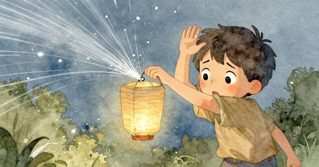 Elias忙著調整燈籠掛繩，突如其來的灑水器噴灑水花，使他神情既憂慮又堅定，花園生動展現。