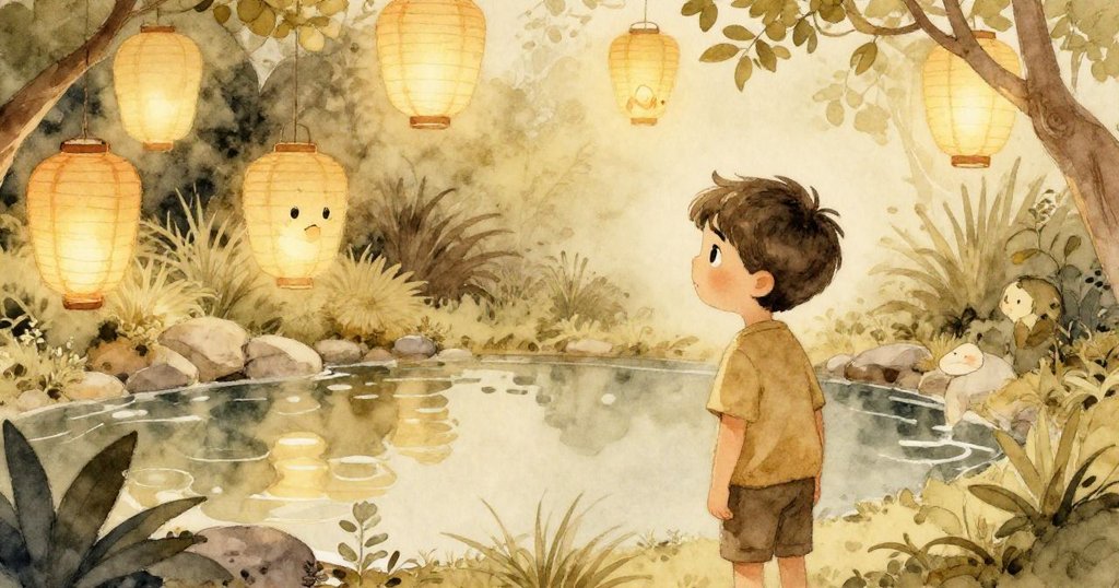 Elias靜立於寧靜池畔欣賞映有柔光的紙燈籠，花園環境寧和，夜幕低垂，情景平和溫馨。