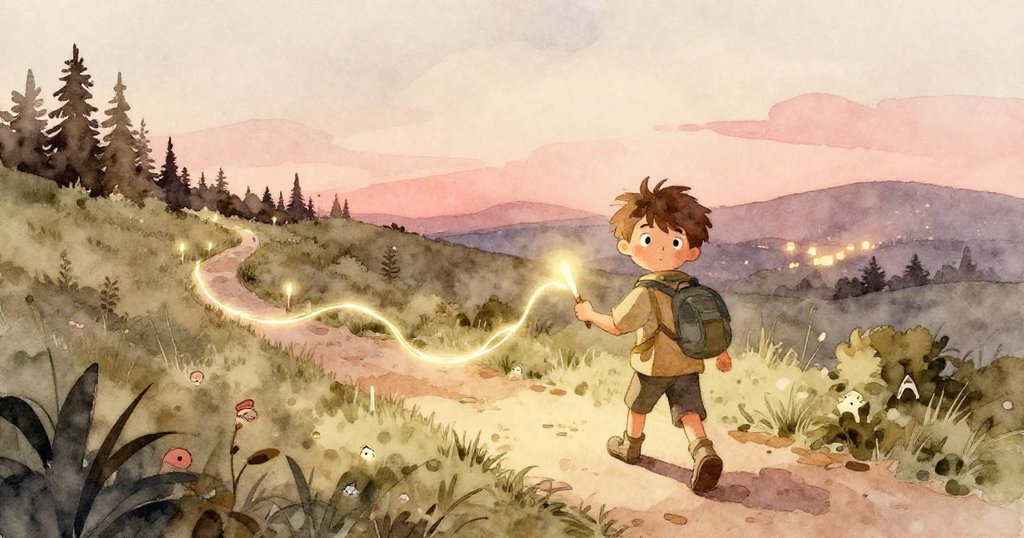 Milo在暮色中抵達Fern Ridge腳下,手挽指南針,凝望發光步道,背景城市微光映襯,充滿期待與好奇。