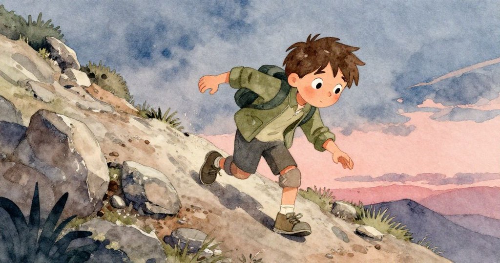 Milo攀登陡坡時鞋子踉蹌,腳下鬆動石子使指南針滑落,畫面動感十足,表情驚訝而迅捷。