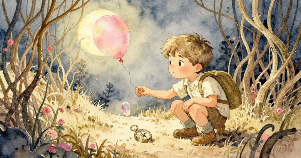 Milo蹲在樹叢間,專注地伸手尋找落下指南針及閃亮氣球碎片,樹影交錯中情緒複雜。