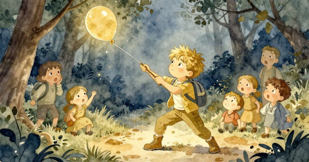 Milo拉扯樹枝釋放閃爍氣球碎片,周遭家庭驚呼連連,燈光與陰影交織出緊張期待氛圍。