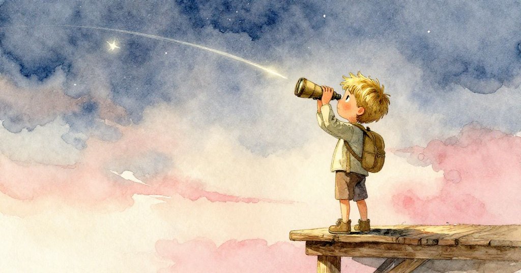 Milo站在木平台上舉著雙筒望遠鏡凝望流星劃過落日天空,背景展現平靜夜色,展露冒險後心境祥和。