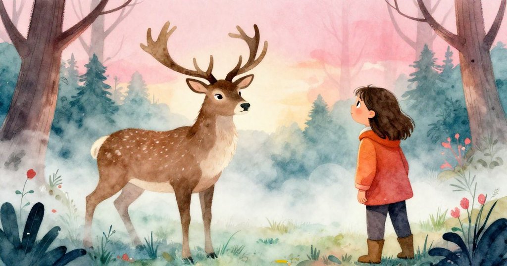 Leah見證雄鹿從薄霧中現身,角如銅叉般耀眼,她滿懷驚奇與謹慎,整個場景充滿奇幻氣氛。