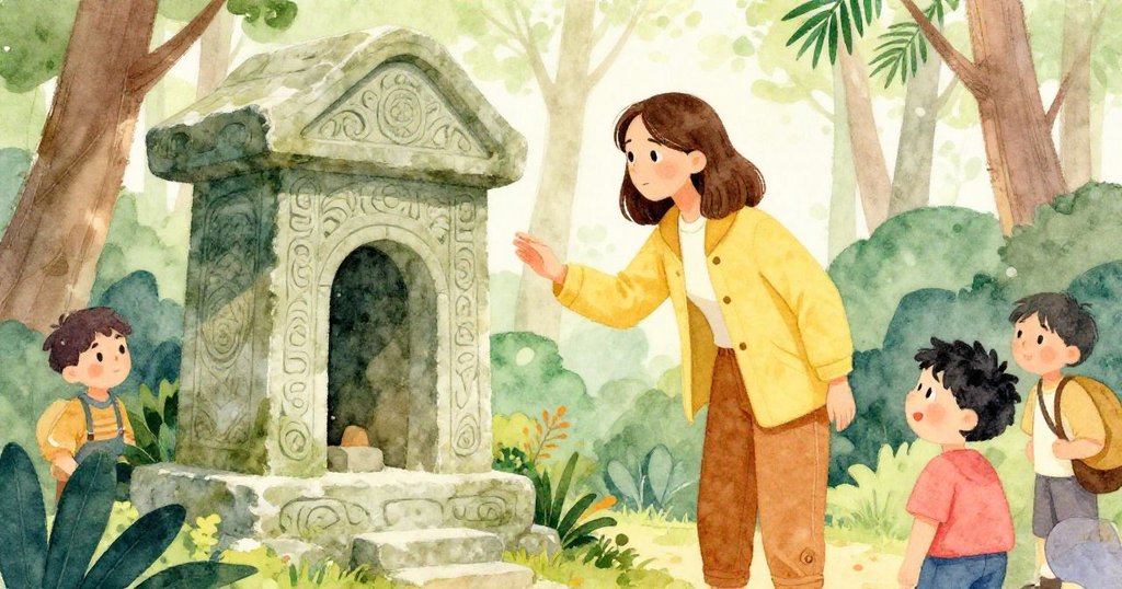 Leah在古神社前小心接近,濕滑樹皮使她步履蹣跚,但依然堅定好奇,場景沉浸在溫柔曖昧光線中。