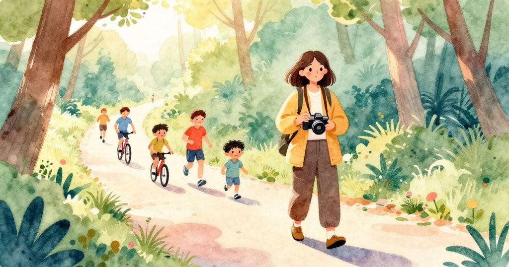 Leah在陽光明媚的森林小徑上整理相機,背景跑者與騎士輕快穿行,她回首凝望閃耀神社,氛圍溫馨寧靜。