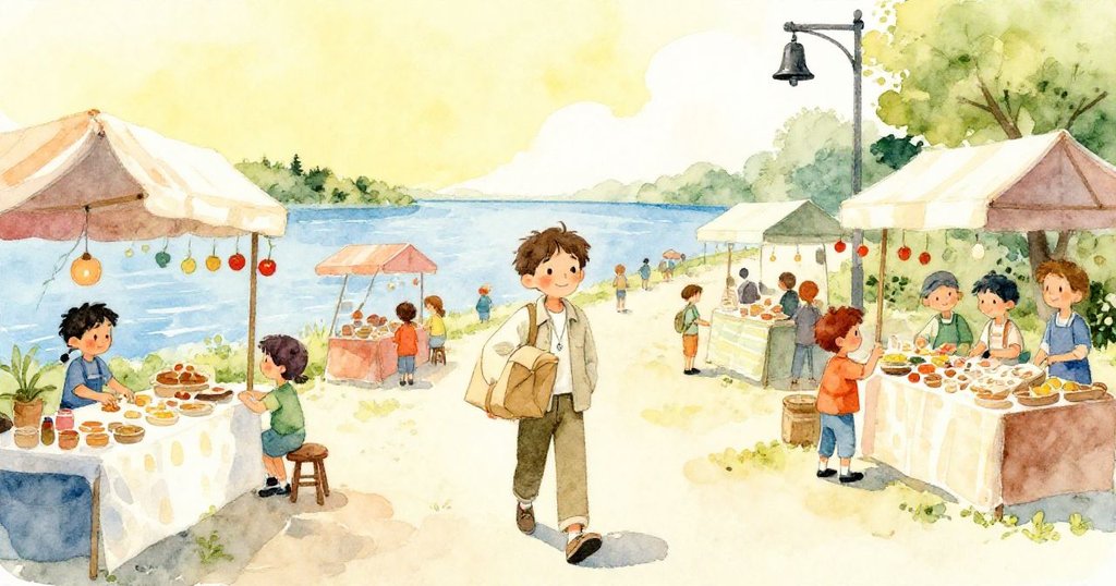 馬庫斯在熱鬧的河旁市場中快步走動，手臂夾著包裹，背景充滿擺動攤位和明媚陽光，表情自信充滿期待。