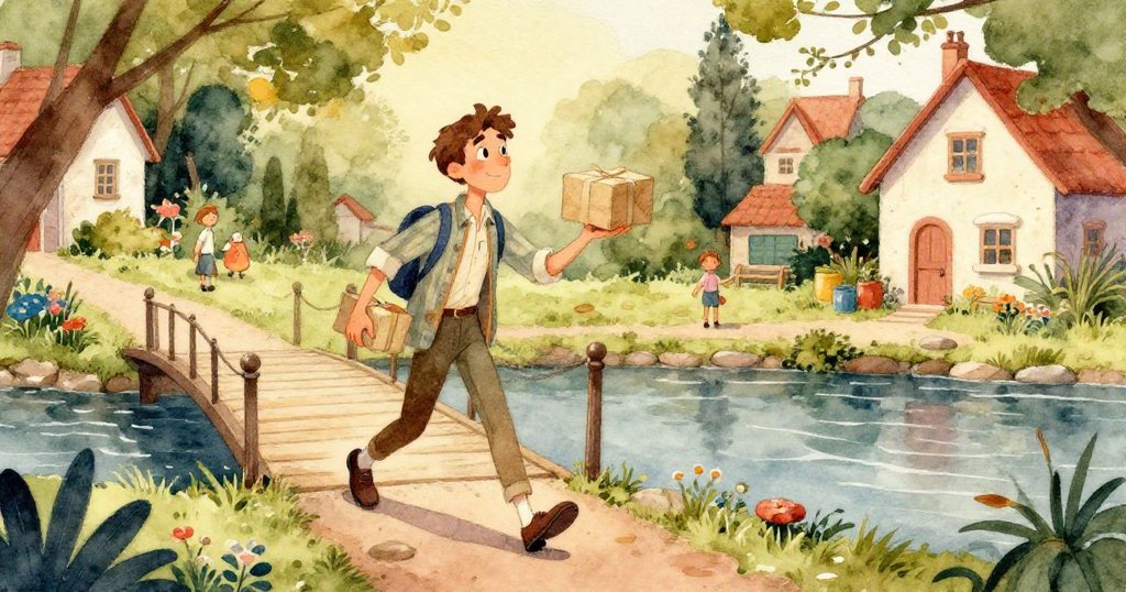 馬庫斯專注檢視手中包裹的細節，棕色繩與泛黃紙頁展現出豐富質感，背景模糊，情感濃厚。