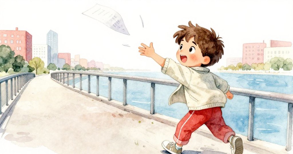 馬庫斯從背後急伸手臂追趕飄落紙頁，橋欄邊充滿動感，表情專注急切，陽光照耀下顯現緊張情緒。