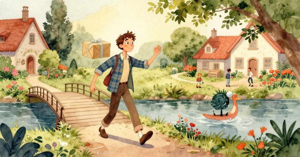 從高處俯瞰橋上混亂情景，彩球與紙頁在空中飄舞，行人與騎車者驚訝互動，現場充滿動感與故事性。