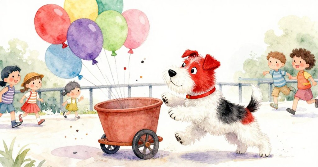 小梗犬奮力攔阻滾動小車，散落的彩球引起行人驚嘆，橋上動態豐富，表情熱情生動展現驚喜。