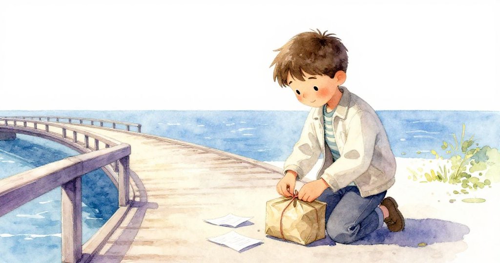 馬庫斯蹲下在橋上收集散落紙頁，臉上露出溫柔微笑，陽光灑落，橋面寧靜中流露出回憶與平和。