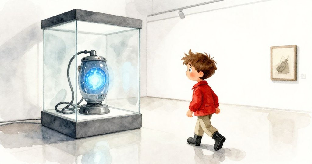 Milo 穿越回音長廊，踏向發出藍光的玻璃展櫃，展廳初現，神情充滿好奇和期待，環境充滿藝術氣息。