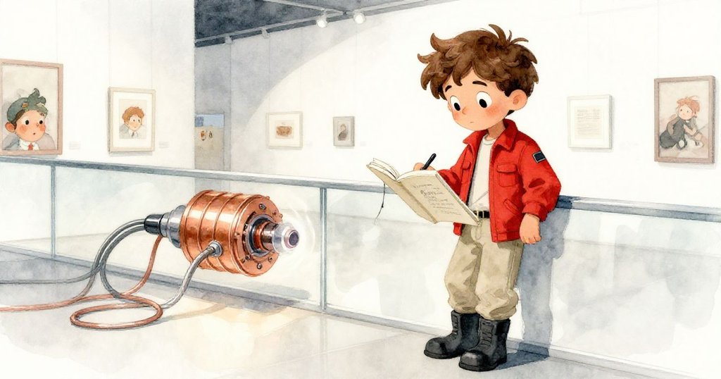 Milo 靠著玻璃展櫃，展開草稿本，專注描繪藍光設備的銅質細節，情節從準備邁向發展，表情堅定且好奇。