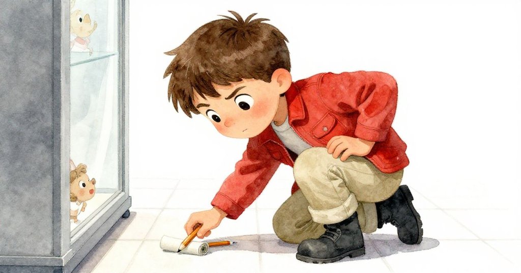 Milo 蹲下伸手撿落鉛筆，臉上滿是專注與焦急，情節進入挑戰階段，場面緊張而充滿動感。