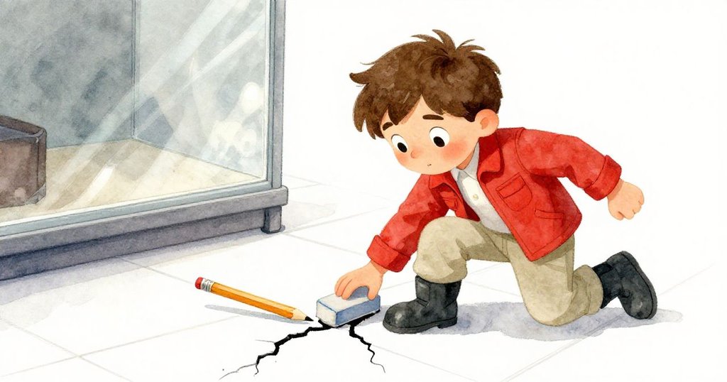 Milo 用橡皮滑動瓷磚間距離取回鉛筆，細心調整觀察展櫃光影變化，情節從挑戰邁向細膩發現，神情冷靜。