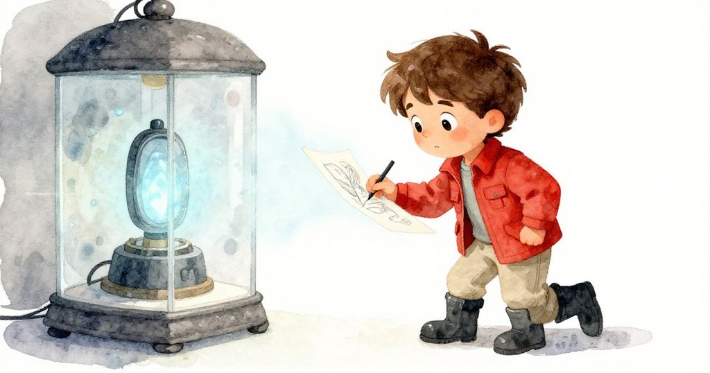 Milo 完成草圖，背景柔藍光映襯展台設備，眾人漸行漸遠，情節由高潮轉向溫馨解決，神情滿足與平和。