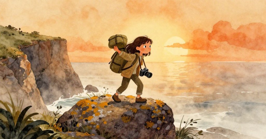 黎奧娜在風崖邊平衡著相機包，薄霧中露出大西洋的晨曦，臉上帶著專注與期待