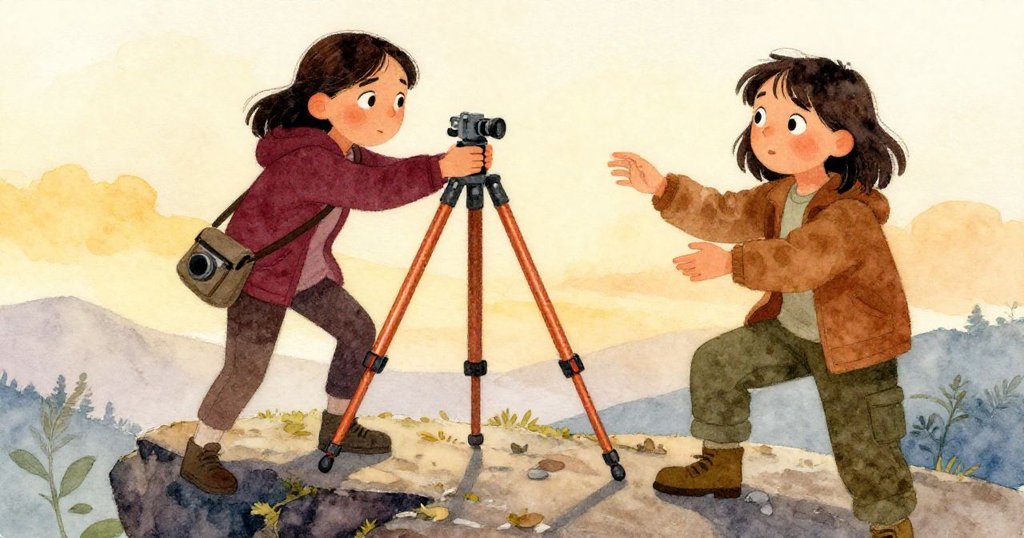 黎奧娜在岩石旁展開三腳架，手中調整失靈的支腳，臉上流露出專注與堅定