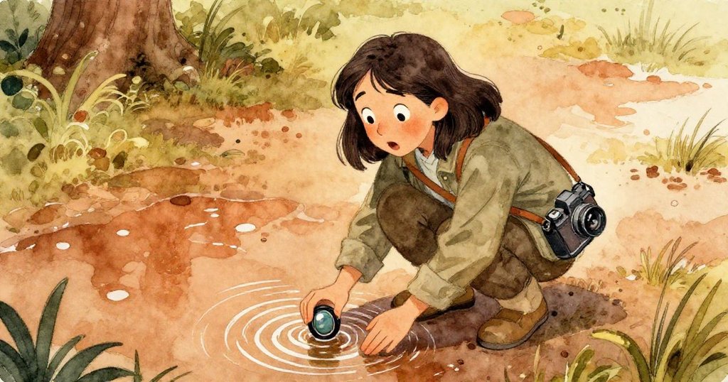 黎奧娜俯身從積水中撿起落入水中的備用鏡頭，表情充滿驚訝與急切