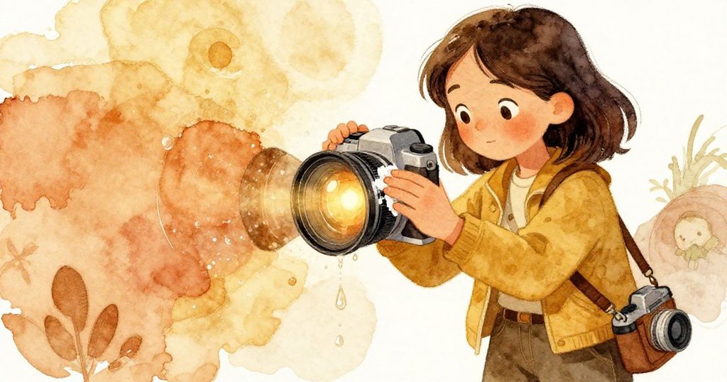 黎奧娜專注地用袖子擦去鏡頭上的鹽珠，細膩展現水珠在鏡面上的燦爛光芒