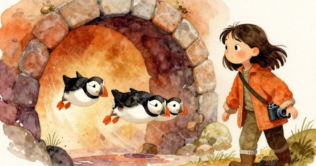 在薄霧散去時，隱藏的石拱門展現，三隻海雀從下方躍起，黎奧娜緊張捕捉精彩瞬間