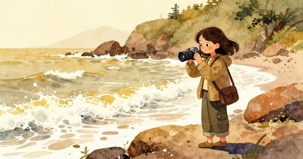 黎奧娜站在石崖上放下相機，海浪拍打著她的靴子，呼出的氣息在涼意中展現，預示故事繼續