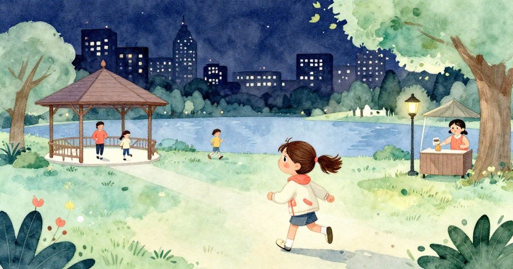 特薩在夕陽下來到湖邊涼亭,手持畫冊前進,臉上流露期待;背景有慢跑者與攤販,整體氛圍溫暖生動。