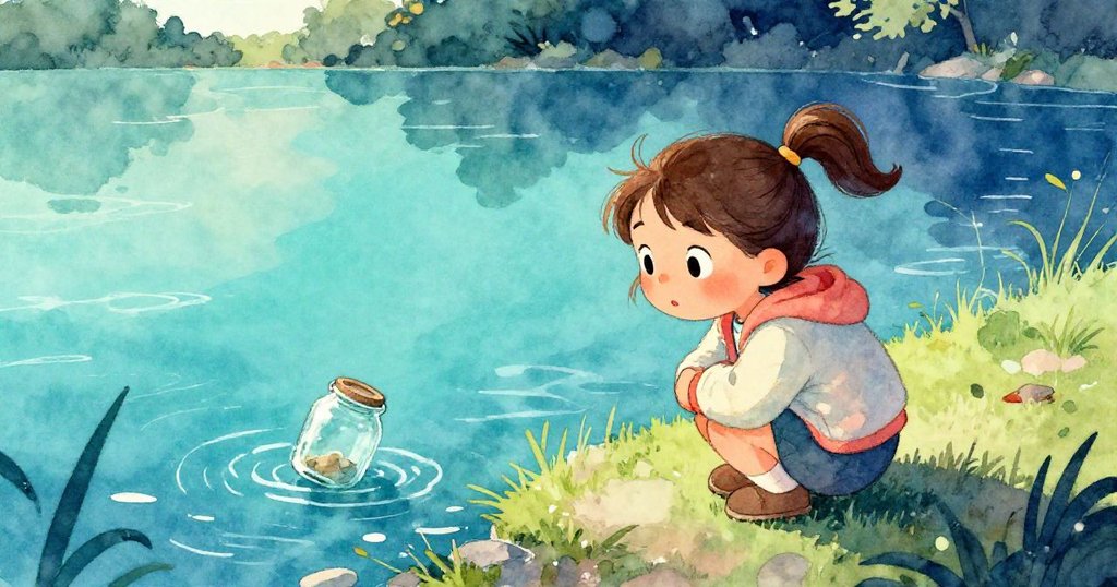 從高處俯視,特薩蹲在湖邊注視漂浮的玻璃瓶,眼神充滿關切與堅毅,周圍水面微波蕩漾。