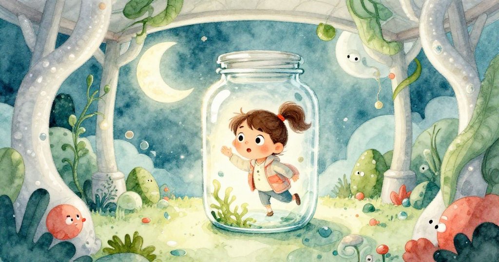 玻璃瓶漂浮於奇幻空間中,其微光映照涼亭底部扭曲幾何圖形,特薩在旁邊注視,神情既驚奇又著迷。