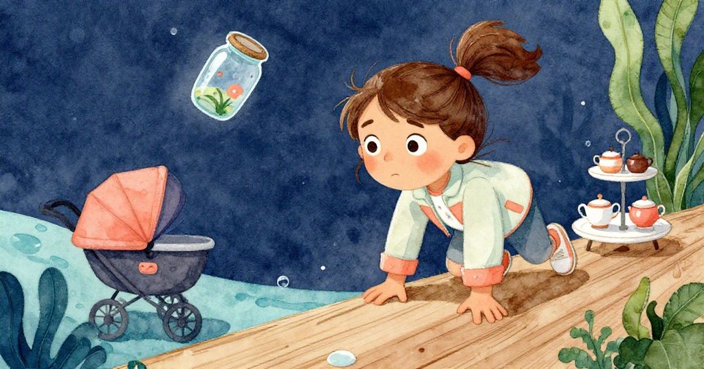 特薩在傾斜的木板上奮力保持平衡,臉上流露堅定與憂慮,旁邊有輕微晃動的手推車及茶攤,畫面動感十足。