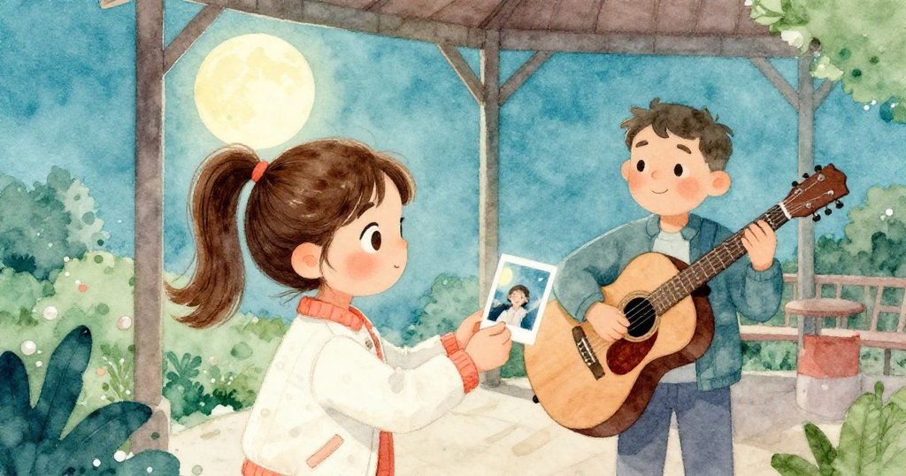 特薩與彈吉他的朋友互換照片,彼此展露溫柔微笑,月光下涼亭邊傳遞著藝術與理解的暖意。