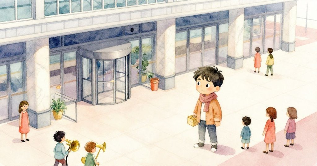 Milo在中央車站調整包裹，從高空俯瞰旋轉門、石柱及熙攘的人群，銅樂隊演奏聲中充滿期待與動感。