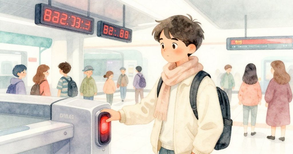 Milo正認真刷卡通過紅光閘門，身旁行人匆忙，車站內數字時鐘閃爍，氣氛充滿專注與期待。