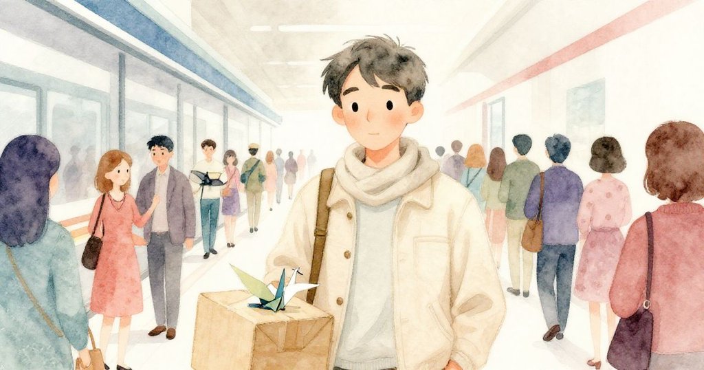 Milo穿越擁擠通道中，包裹中露出精緻摺紙鶴，背景樂手與行人疊影，神情專注且略帶驚喜。