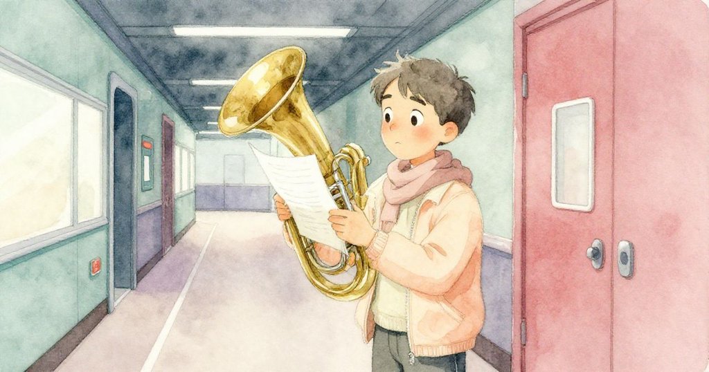 Milo在昏暗側廊中小心行走，聽見鄰近大號驚起音符，臉上露出驚訝神情，環境散發古典拋光光澤。