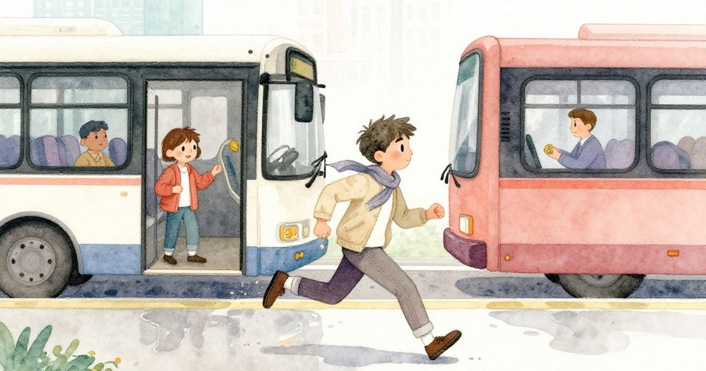 Milo急奔趕往公車，雨濕路面映燈光，友人在車內期待迎接，司機數錢，氣氛緊張且充滿活力。