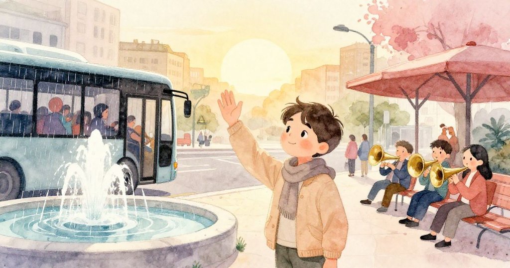 Milo在夕陽下告別公車，微笑中流露溫柔，雨後泉邊水珠閃耀，背景銅樂隊奏出低鳴，車站顯得平靜。