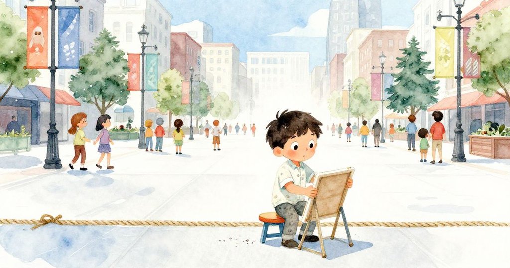 米洛在熱鬧廣場展開畫凳,背景有彩色橫幅和熙攘人群,陽光明媚,充滿期待與活力。