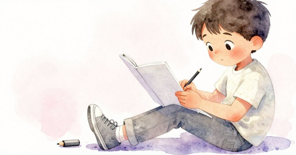 米洛仔細檢查鉛筆與畫本,鉛筆意外在鞋旁滾動,細節生動,動作溫馨且專注。