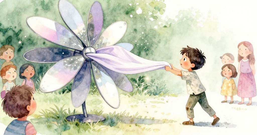 米洛與觀眾驚訝觀看機械雕塑變化,鏡面花瓣旋轉反射陽光,場景充滿驚奇與動感。