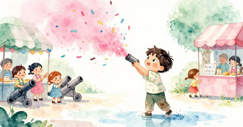 米洛與孩子們在微水坑倒映中追逐彩紙,五彩紙屑隨爆竹飛舞,玩樂氛圍充滿詩意與魔幻。