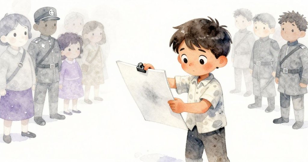 米洛在散落人潮中決心重新創作,他翻開新畫本,臉上透露堅定光芒,背景柔和而富詩意。